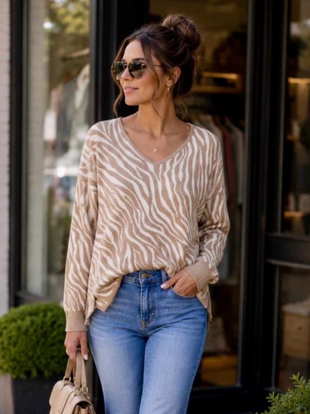Lilla P Beige & Cream Zebra-Print V-Neck Sweater-Small
